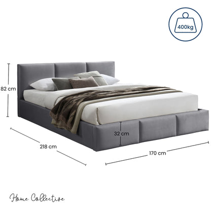 Lit rembourré lit double 140x200 | 160x200 cm velours beige ou gris | avec sommier à lattes en métal et espace de rangement avec coffre de lit hydraulique 