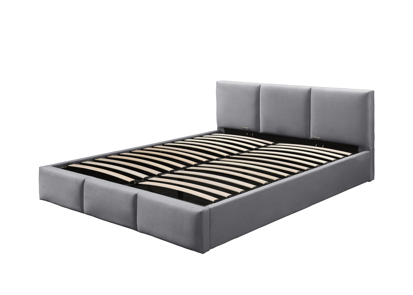 Lit rembourré lit double 140x200 | 160x200 cm velours beige ou gris | avec sommier à lattes en métal et espace de rangement avec coffre de lit hydraulique 