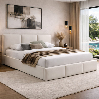 Lit rembourré lit double 140x200 | 160x200 cm velours beige ou gris | avec sommier à lattes en métal et espace de rangement avec coffre de lit hydraulique 