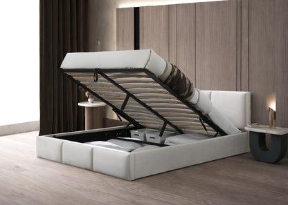 Lit rembourré lit double 140x200 | 160x200 cm velours beige ou gris | avec sommier à lattes en métal et espace de rangement avec coffre de lit hydraulique 