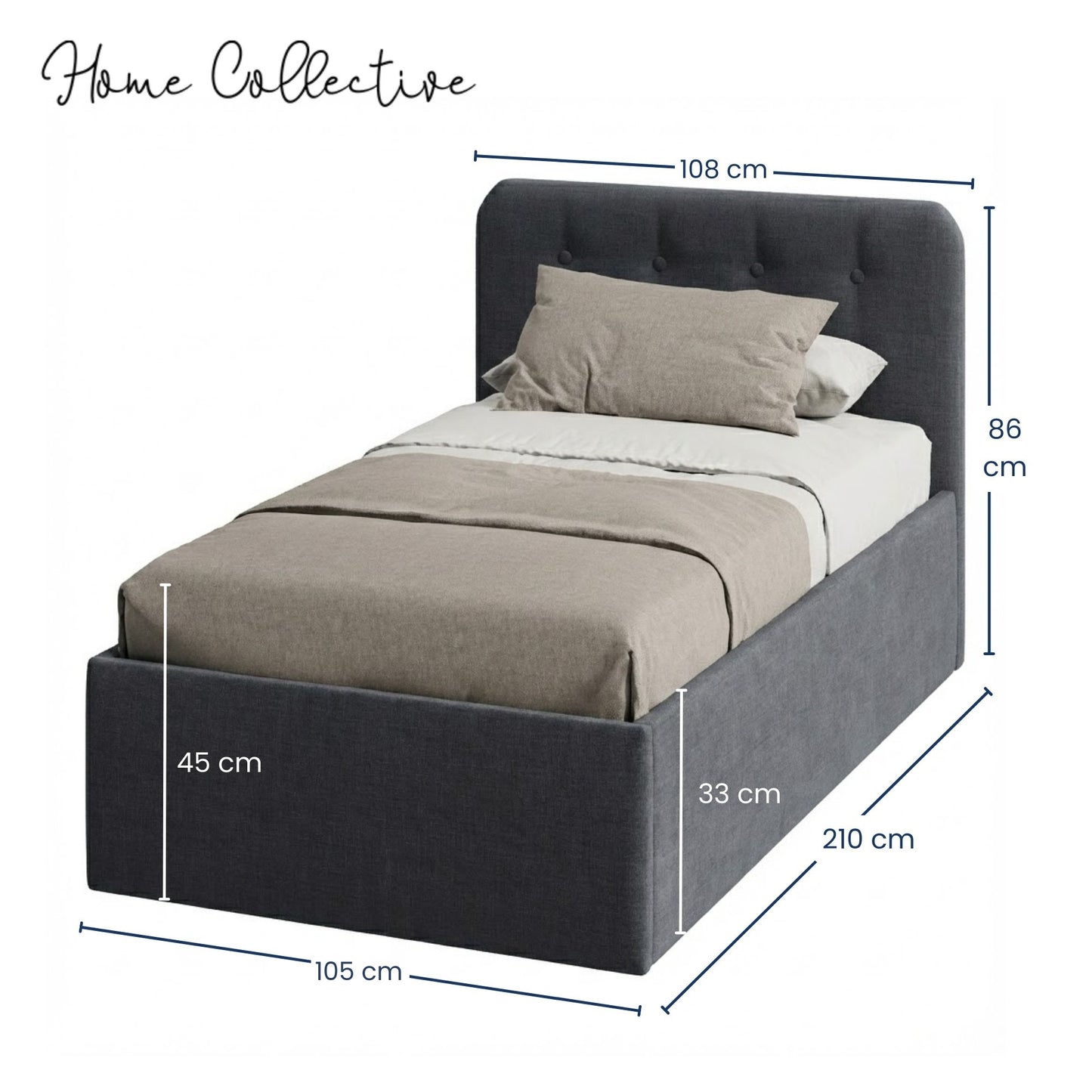 Home Collective Polsterbett 100x200 | 120x200 | 140x200 | 160x200 | 180x200 | 200x200 Doppelbett Bett mit verstellbarem Lattenrost & Stauraum, wählbare Matratze (Federkern H2 / Kaltschaum H3)