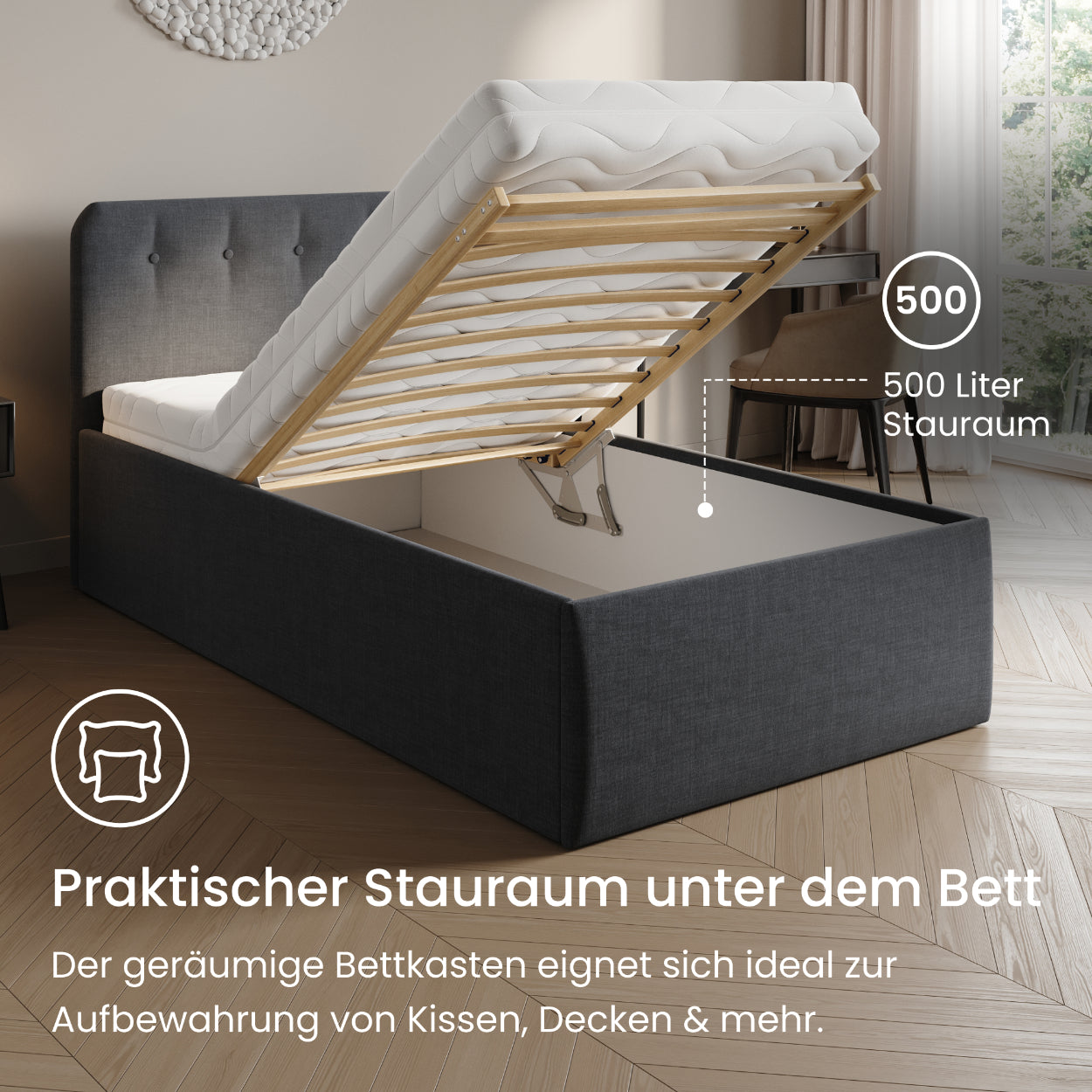 Home Collective Polsterbett 100x200 | 120x200 | 140x200 | 160x200 | 180x200 | 200x200 Doppelbett Bett mit verstellbarem Lattenrost & Stauraum, wählbare Matratze (Federkern H2 / Kaltschaum H3)