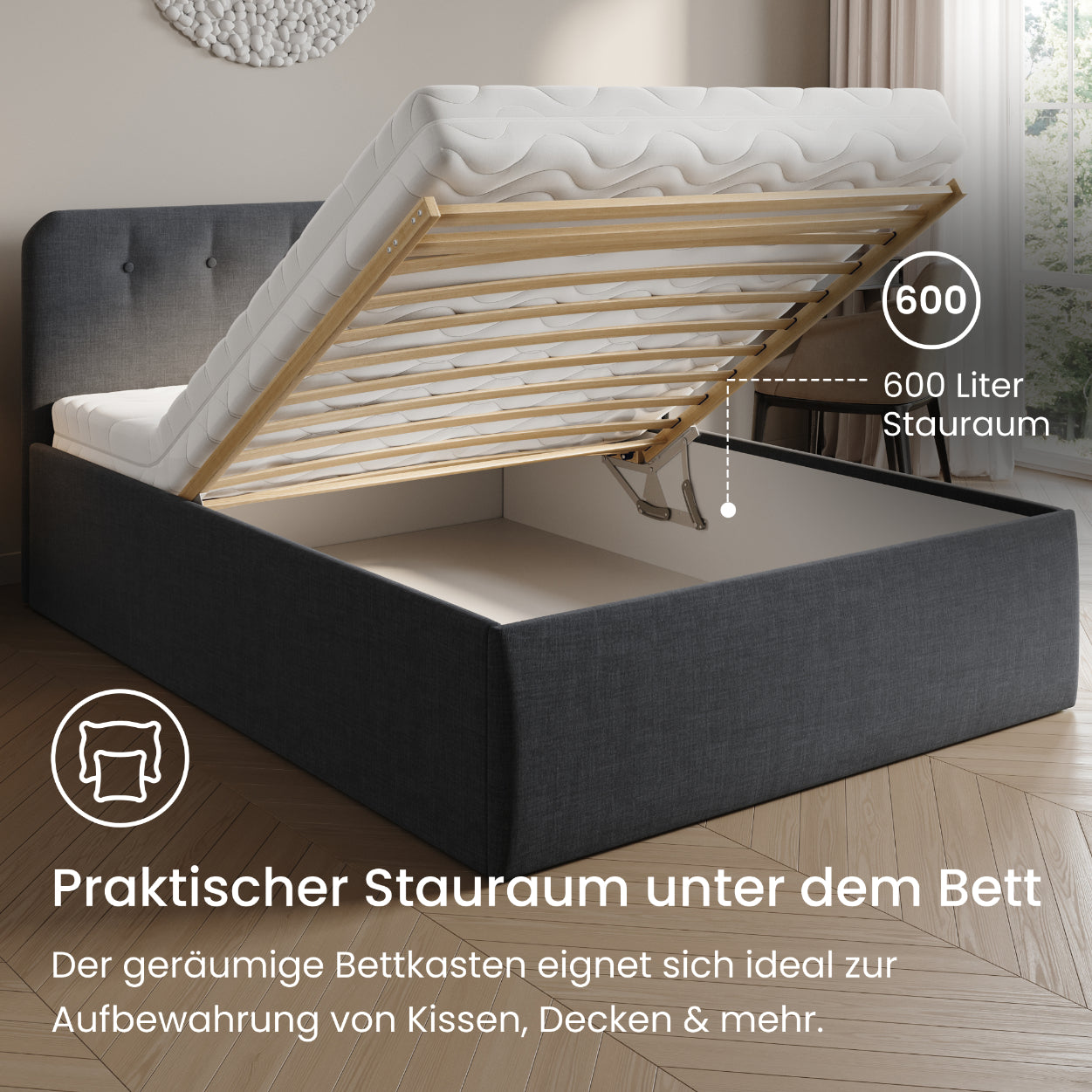 Home Collective Polsterbett 100x200 | 120x200 | 140x200 | 160x200 | 180x200 | 200x200 Doppelbett Bett mit verstellbarem Lattenrost & Stauraum, wählbare Matratze (Federkern H2 / Kaltschaum H3)