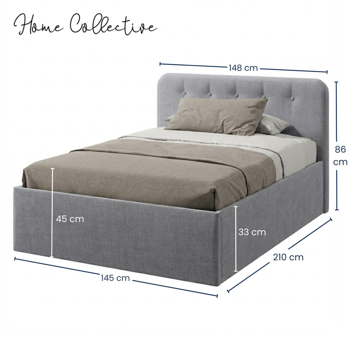 Home Collective Polsterbett 100x200 | 120x200 | 140x200 | 160x200 | 180x200 | 200x200 Doppelbett Bett mit verstellbarem Lattenrost & Stauraum, wählbare Matratze (Federkern H2 / Kaltschaum H3)