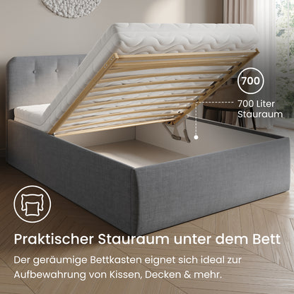 Home Collective Polsterbett 100x200 | 120x200 | 140x200 | 160x200 | 180x200 | 200x200 Doppelbett Bett mit verstellbarem Lattenrost & Stauraum, wählbare Matratze (Federkern H2 / Kaltschaum H3)