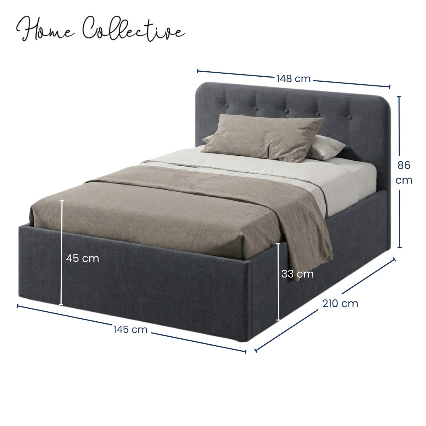 Home Collective Polsterbett 100x200 | 120x200 | 140x200 | 160x200 | 180x200 | 200x200 Doppelbett Bett mit verstellbarem Lattenrost & Stauraum, wählbare Matratze (Federkern H2 / Kaltschaum H3)
