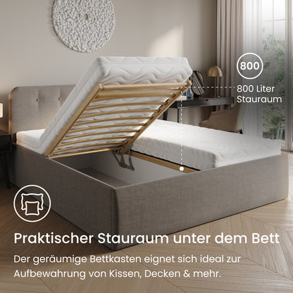 Home Collective Polsterbett 100x200 | 120x200 | 140x200 | 160x200 | 180x200 | 200x200 Doppelbett Bett mit verstellbarem Lattenrost & Stauraum, wählbare Matratze (Federkern H2 / Kaltschaum H3)