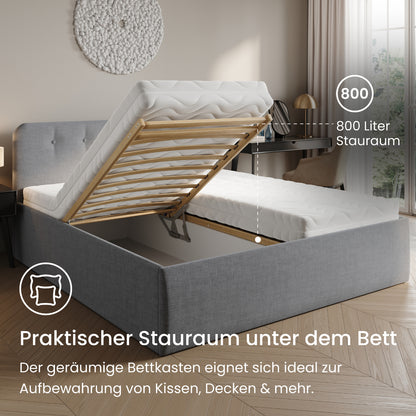 Home Collective Polsterbett 100x200 | 120x200 | 140x200 | 160x200 | 180x200 | 200x200 Doppelbett Bett mit verstellbarem Lattenrost & Stauraum, wählbare Matratze (Federkern H2 / Kaltschaum H3)