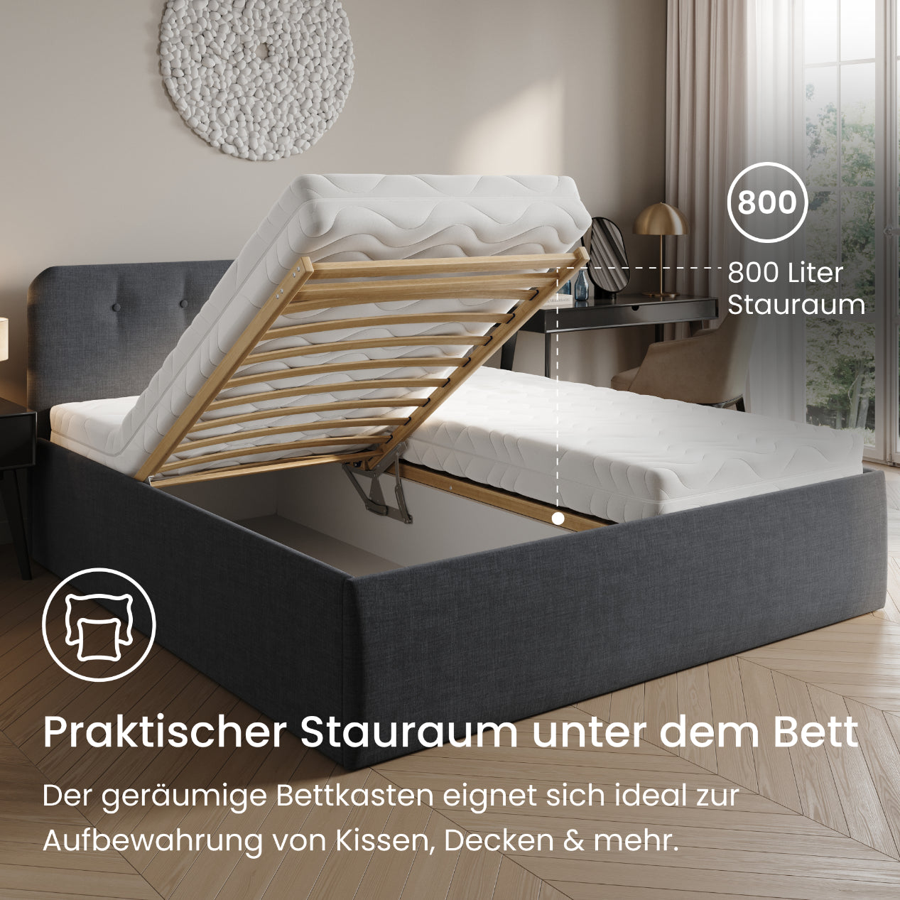 Home Collective Polsterbett 100x200 | 120x200 | 140x200 | 160x200 | 180x200 | 200x200 Doppelbett Bett mit verstellbarem Lattenrost & Stauraum, wählbare Matratze (Federkern H2 / Kaltschaum H3)
