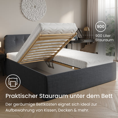 Home Collective Polsterbett 100x200 | 120x200 | 140x200 | 160x200 | 180x200 | 200x200 Doppelbett Bett mit verstellbarem Lattenrost & Stauraum, wählbare Matratze (Federkern H2 / Kaltschaum H3)