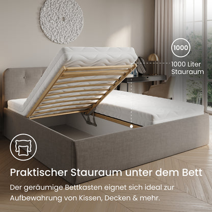 Home Collective Polsterbett 100x200 | 120x200 | 140x200 | 160x200 | 180x200 | 200x200 Doppelbett Bett mit verstellbarem Lattenrost & Stauraum, wählbare Matratze (Federkern H2 / Kaltschaum H3)