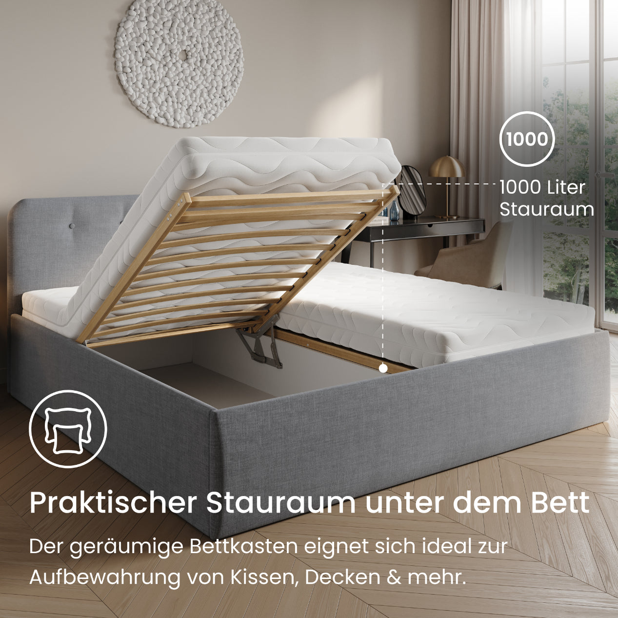 Home Collective Polsterbett 100x200 | 120x200 | 140x200 | 160x200 | 180x200 | 200x200 Doppelbett Bett mit verstellbarem Lattenrost & Stauraum, wählbare Matratze (Federkern H2 / Kaltschaum H3)