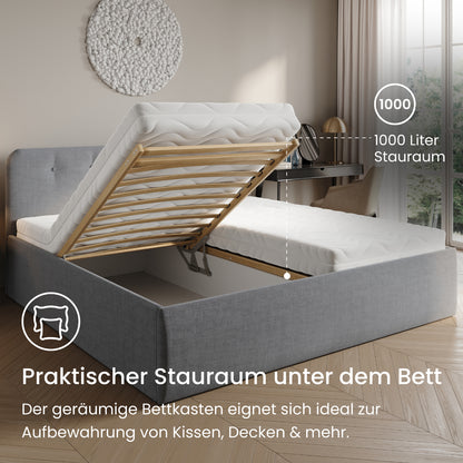 Home Collective Polsterbett 100x200 | 120x200 | 140x200 | 160x200 | 180x200 | 200x200 Doppelbett Bett mit verstellbarem Lattenrost & Stauraum, wählbare Matratze (Federkern H2 / Kaltschaum H3)
