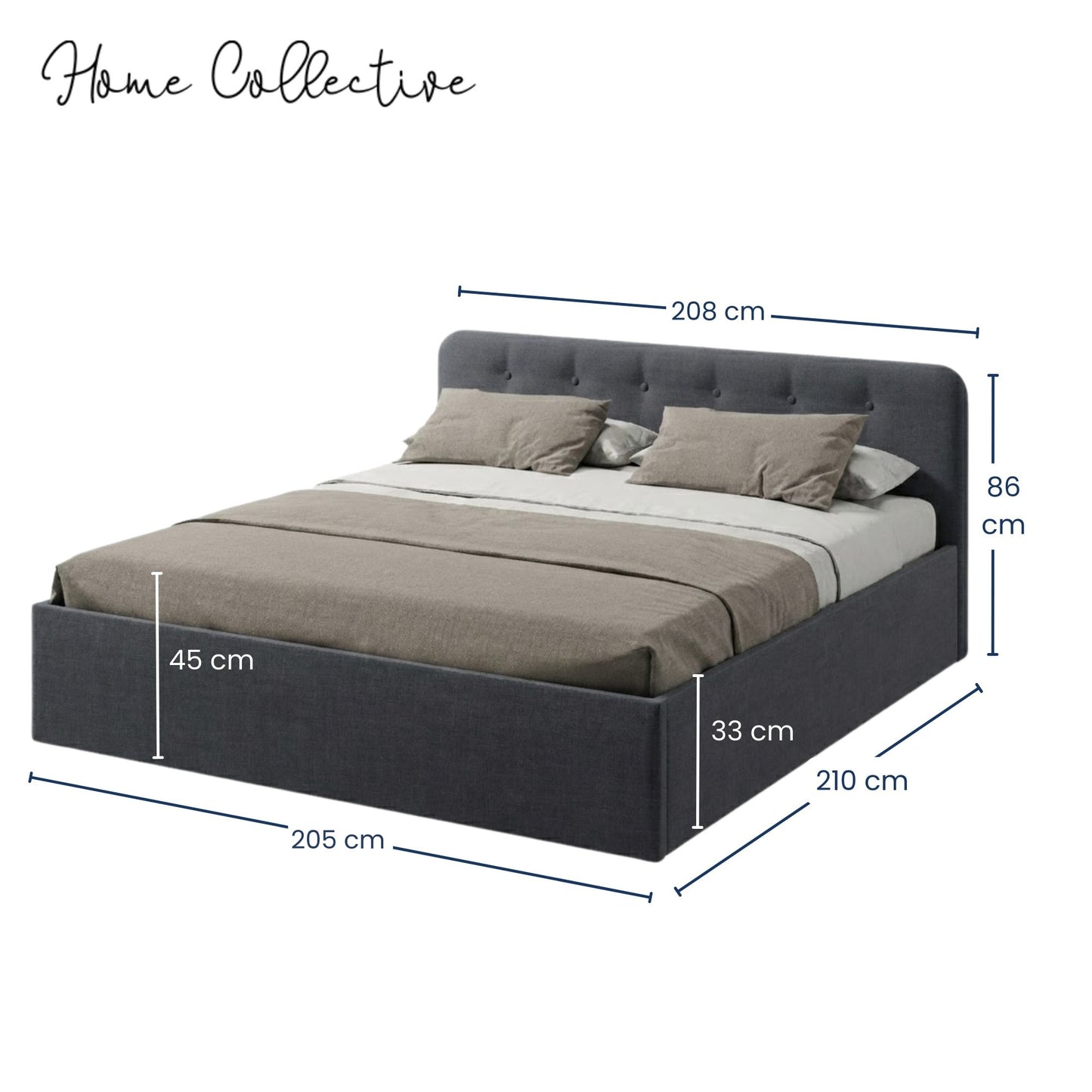Home Collective Polsterbett 100x200 | 120x200 | 140x200 | 160x200 | 180x200 | 200x200 Doppelbett Bett mit verstellbarem Lattenrost & Stauraum, wählbare Matratze (Federkern H2 / Kaltschaum H3)