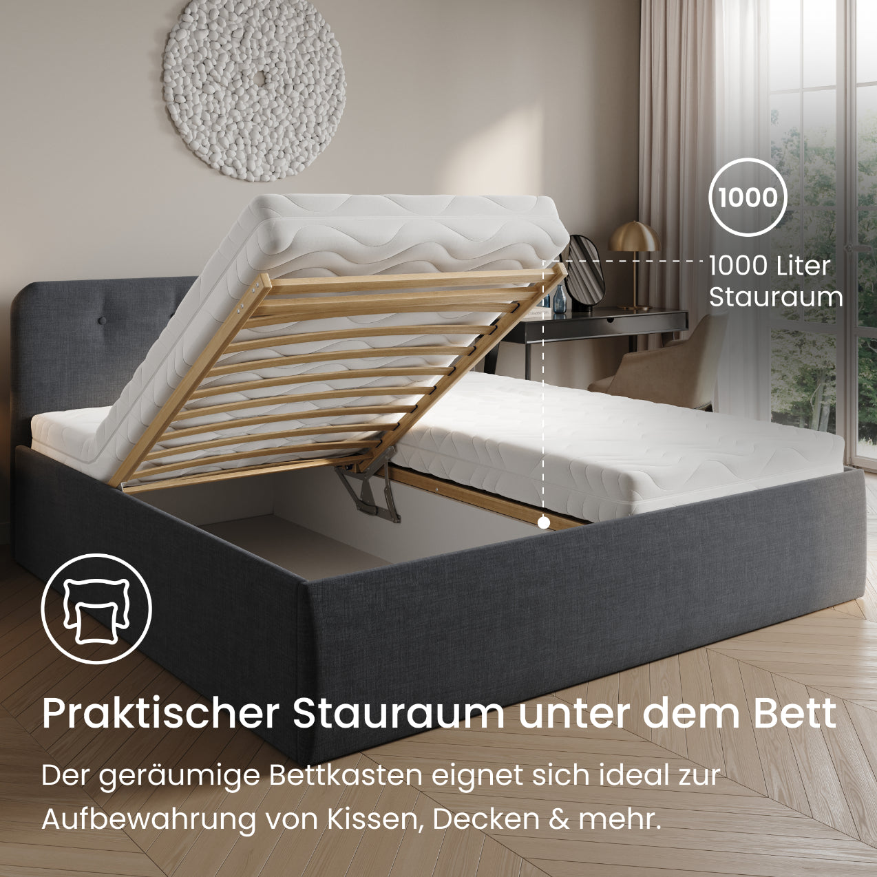 Home Collective Polsterbett 100x200 | 120x200 | 140x200 | 160x200 | 180x200 | 200x200 Doppelbett Bett mit verstellbarem Lattenrost & Stauraum, wählbare Matratze (Federkern H2 / Kaltschaum H3)