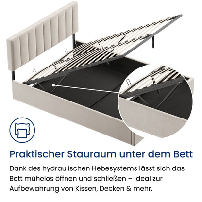 Polsterbett 140x200 & 160x200 cm mit Stauraum und Lattenrost Doppelbett mit hydraulischem Bettkasten Gepolstertes Bett Bed Stauraumbett Stabiler Bettrahmen Samt