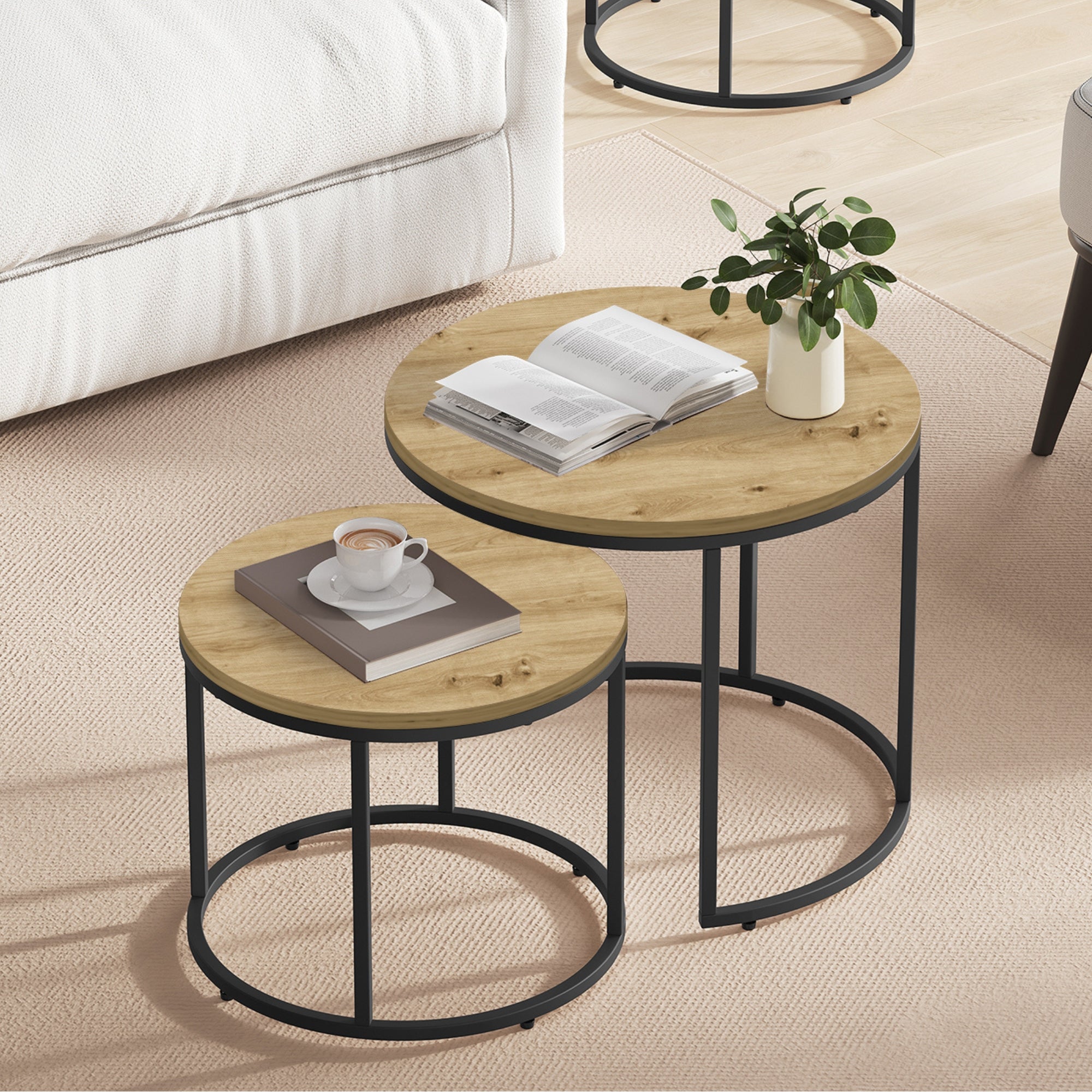 Table basse lot de 2 tables d'appoint rondes design loft 2 en 1 surface emboîtable résistante aux rayures, salon | 53cm et 43cm de large