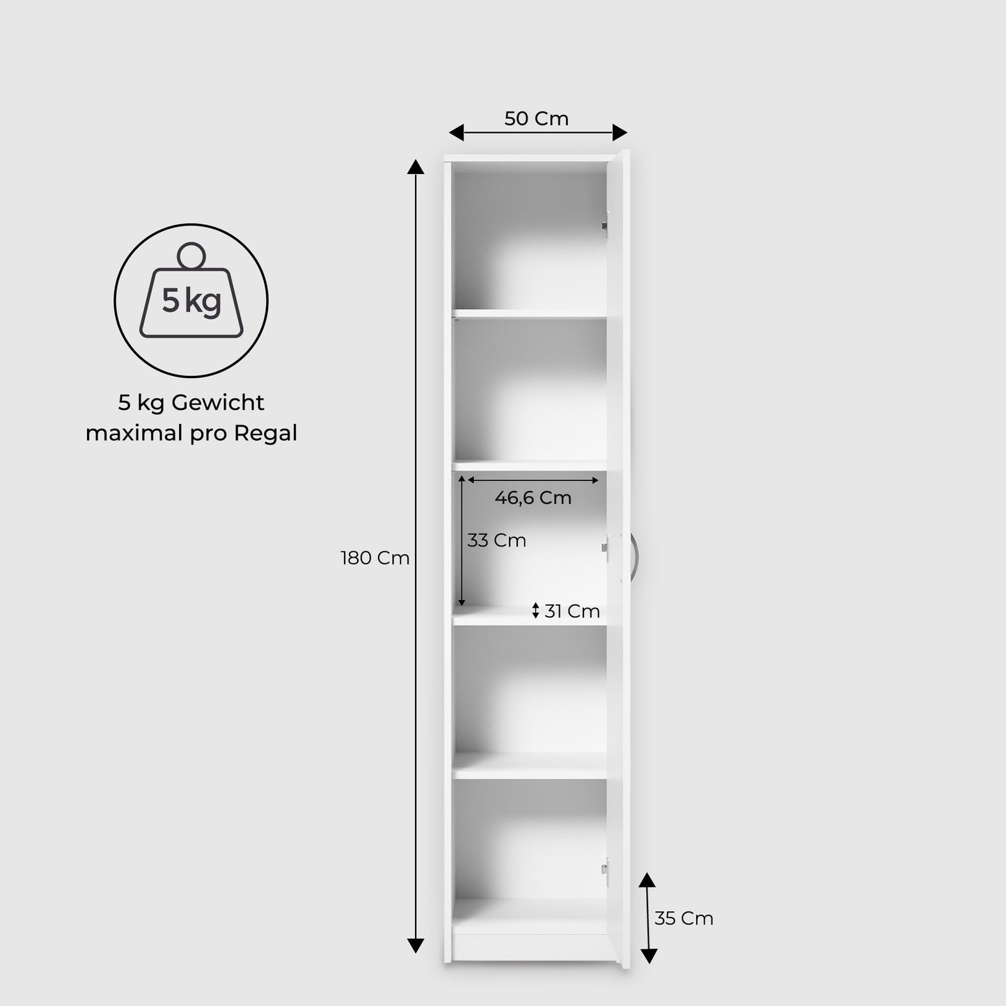 Schrank Mehrzweckschrank 40 und 50 cm Breite 180 cm Höhe mit vier Einlegeböden schmaler Aktenschrank Organizer Kleiderschrank aus MDF Holz