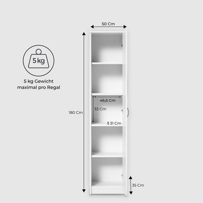 Schrank Mehrzweckschrank 40 und 50 cm Breite 180 cm Höhe mit vier Einlegeböden schmaler Aktenschrank Organizer Kleiderschrank aus MDF Holz