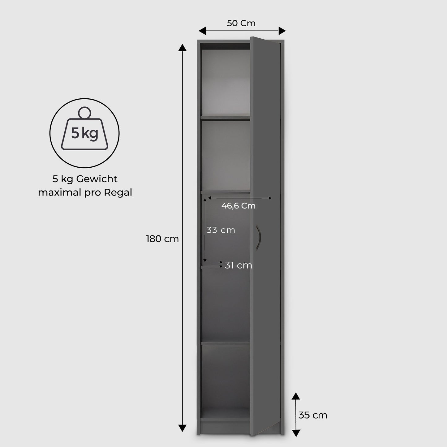 Schrank Mehrzweckschrank 40 und 50 cm Breite 180 cm Höhe mit vier Einlegeböden schmaler Aktenschrank Organizer Kleiderschrank aus MDF Holz
