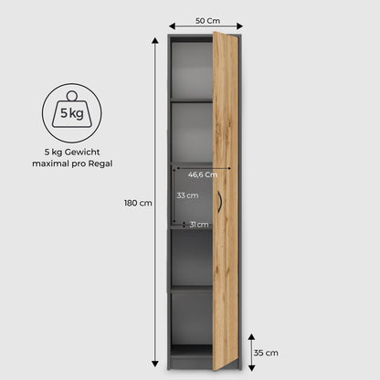 Schrank Mehrzweckschrank 40 und 50 cm Breite 180 cm Höhe mit vier Einlegeböden schmaler Aktenschrank Organizer Kleiderschrank aus MDF Holz