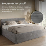 Home Collective Polsterbett Doppelbett Bett mit verstellbarem Lattenrost & Stauraum, viele Größen verfügbar Kordstoff, erhältlich in Hellbeige, Grau und Anthrazit