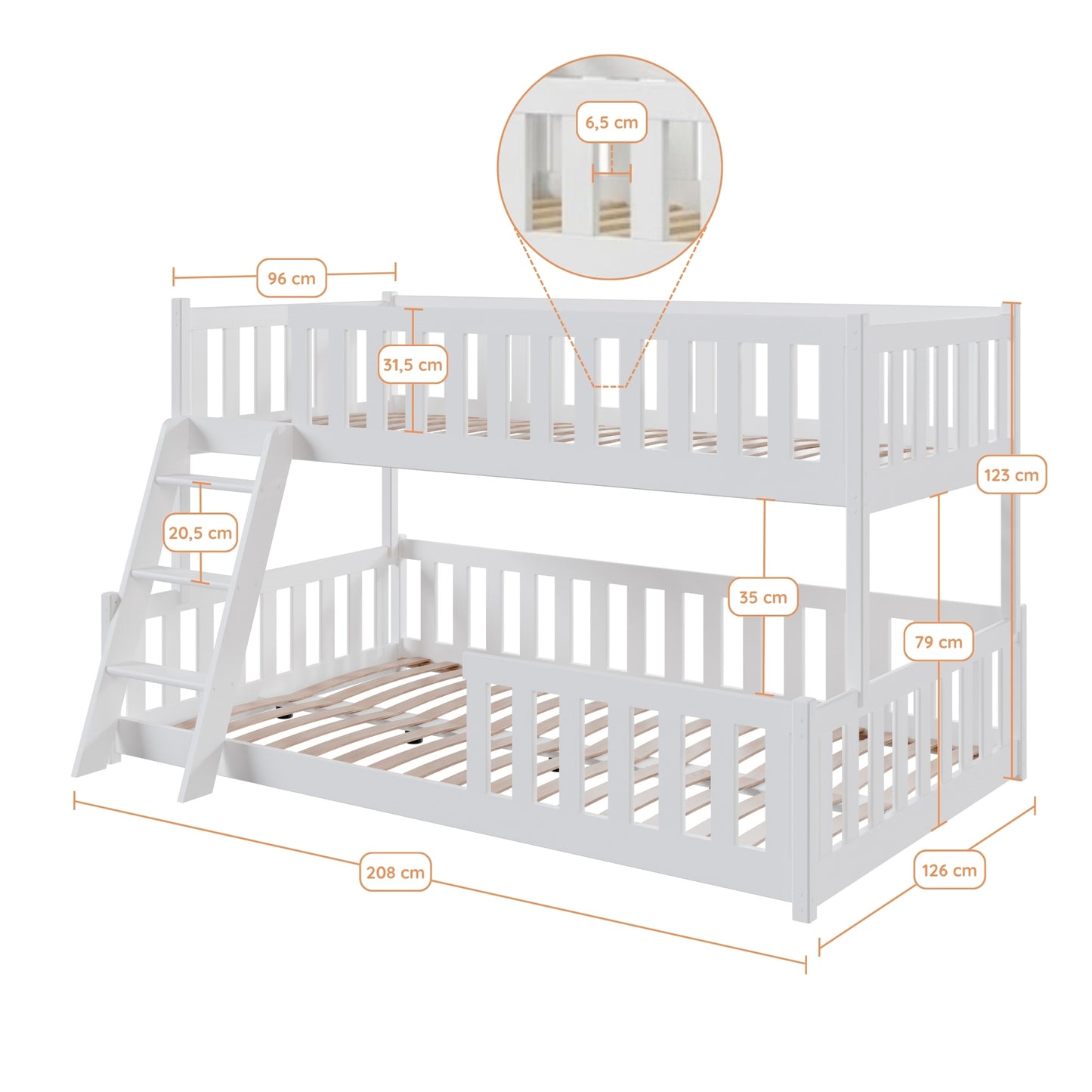 Etagenbett 90x200 / 120x200 Kinderbett Jugendbett Stockbett Hochbett mit Leiter, Rausfallschutz & Lattenrosten,  Kinder Bett von 4. bis 16. Lebensjahr Weiß