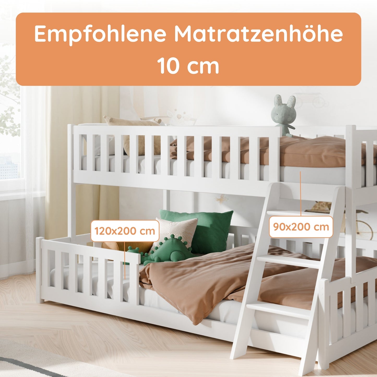 Etagenbett 90x200 / 120x200 Kinderbett Jugendbett Stockbett Hochbett mit Leiter, Rausfallschutz & Lattenrosten,  Kinder Bett von 4. bis 16. Lebensjahr Weiß