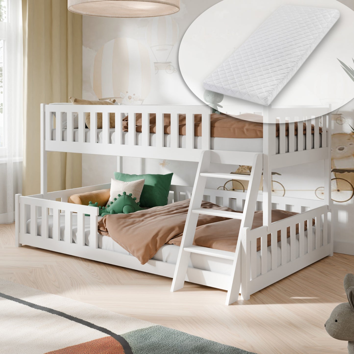 Etagenbett 90x200 / 120x200 Kinderbett Jugendbett Stockbett Hochbett mit Leiter, Rausfallschutz & Lattenrosten,  Kinder Bett von 4. bis 16. Lebensjahr Weiß