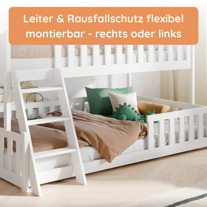 Etagenbett 90x200 / 120x200 Kinderbett Jugendbett Stockbett Hochbett mit Leiter, Rausfallschutz & Lattenrosten,  Kinder Bett von 4. bis 16. Lebensjahr Weiß
