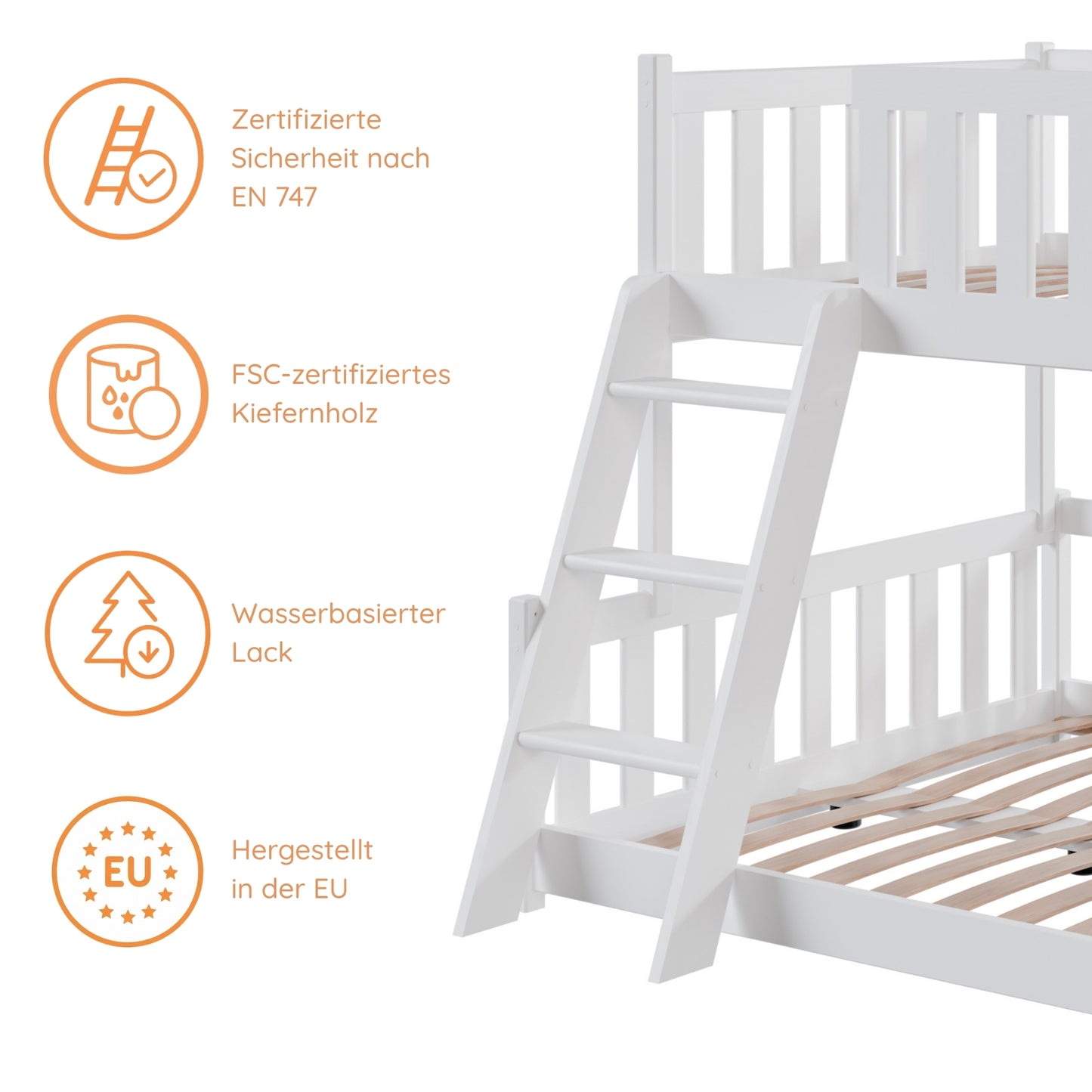 Etagenbett 90x200 / 120x200 Kinderbett Jugendbett Stockbett Hochbett mit Leiter, Rausfallschutz & Lattenrosten,  Kinder Bett von 4. bis 16. Lebensjahr Weiß