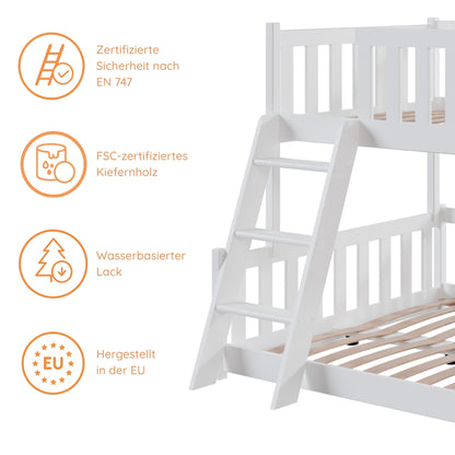 Etagenbett 90x200 / 120x200 Kinderbett Jugendbett Stockbett Hochbett mit Leiter, Rausfallschutz & Lattenrosten,  Kinder Bett von 4. bis 16. Lebensjahr Weiß