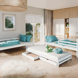 Hochbett 90x200 mit Ausziehbett und drei Matratzen (optional) Etagenbett mit Ausziehfunktion, zwei Schubladen, Lattenrost, Rausfallschutz, umbaubar in drei Einzelbetten, Vollholz massiv in weiss