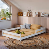 Kinderbett Bodenbett 90x200 I 120x200 | 140x200 cm mit Rausfallschutz & Lattenrost Montessori Bett Bed Gitterbett Kinder Jugendbett Einzelbett optional mit Matratze | weiß