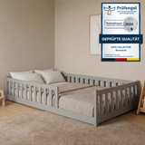 Kinderbett Bodenbett 80x160 | 80x180 | 90x190 | 90x200 | 120x200 | 140x200 cm Bett mit Rausfallschutz & Lattenrost Montessori Bett Gitterbett Kinder Jugendbett Einzelbett optional mit Matratze | Kiefer Holz massiv Junge Mädchen
