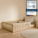 Kinderbett Bodenbett 80x160 | 80x180 | 90x190 | 90x200 | 120x200 | 140x200 cm Bett mit Rausfallschutz & Lattenrost Montessori Bett Gitterbett Kinder Jugendbett Einzelbett optional mit Matratze | Kiefer Holz massiv Junge Mädchen