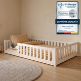 Kinderbett Bodenbett 80x160 | 80x180 | 90x190 | 90x200 | 120x200 | 140x200 cm Bett mit Rausfallschutz & Lattenrost Montessori Bett Gitterbett Kinder Jugendbett Einzelbett optional mit Matratze | Kiefer Holz massiv Junge Mädchen