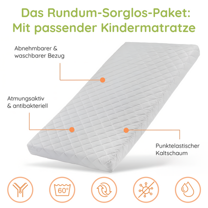 Kinderbett Bodenbett 90x200 cm Bett mit Rausfallschutz & Lattenrost Montessori Bett Bed Gitterbett Kinder Jugendbett Einzelbett | Kiefer Holz massiv | Weiß 90×200