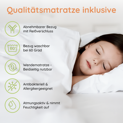 Kinderbett 90x200 cm mit zwei Schubladen, Rausfallschutz und Lattenrost Gitterbett Kinder Jugendbett | Kiefer-Massivholz | 90x200 cm: von 4. bis 18. Lebensjahr, Weiß