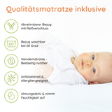 Babybett Kinderbett 60x120 Gitterbett Baby Bett Komplett-Set mit Matratze Beistellbett mitwachsend, Lattenrost höhenverstellbar mit abnehmbaren Sprossen, mit Schublade | weiß Kiefer-Vollholz