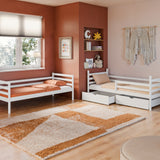 Hochbett 90x200 cm mit 2 Matratzen (optional) und 2 Schubladen (optional) Etagenbett mit Rausfallschutz und Lattenrost, umbaubar in zwei Kinderbetten, aus Vollholz massiv in weiß, Funktionsbett