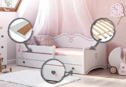 Lit enfant lit jeune fille 80x160 | 80x180 cm avec matelas antichute et tiroir | Canapé enfant princesse convertible en lit rose ou gris blanc