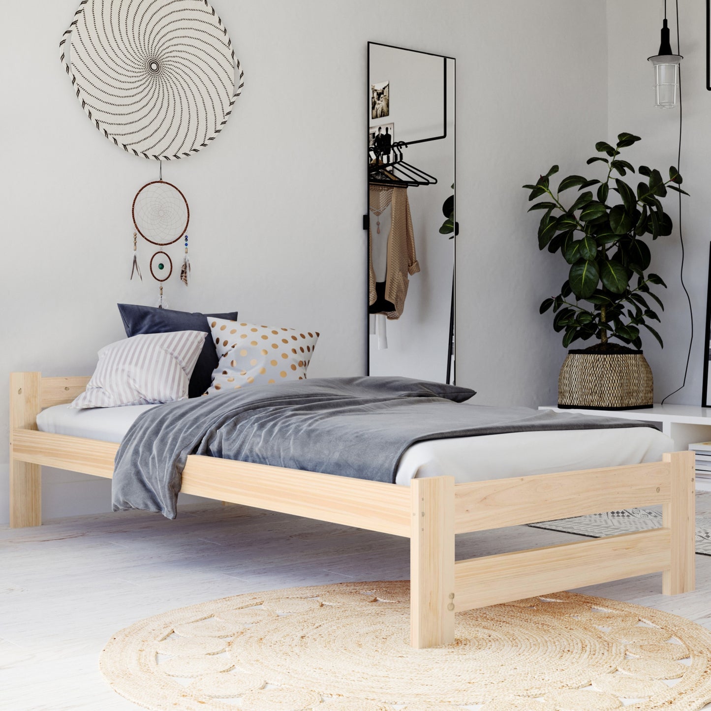 Holzbett mit Lattenrost Modern Bett Bed Kiefer Massiv Bettgestell Einzelbett Massivholzbett Klassisch | Komfortabel & Langlebig | Skandinavisch Boho Landhaus