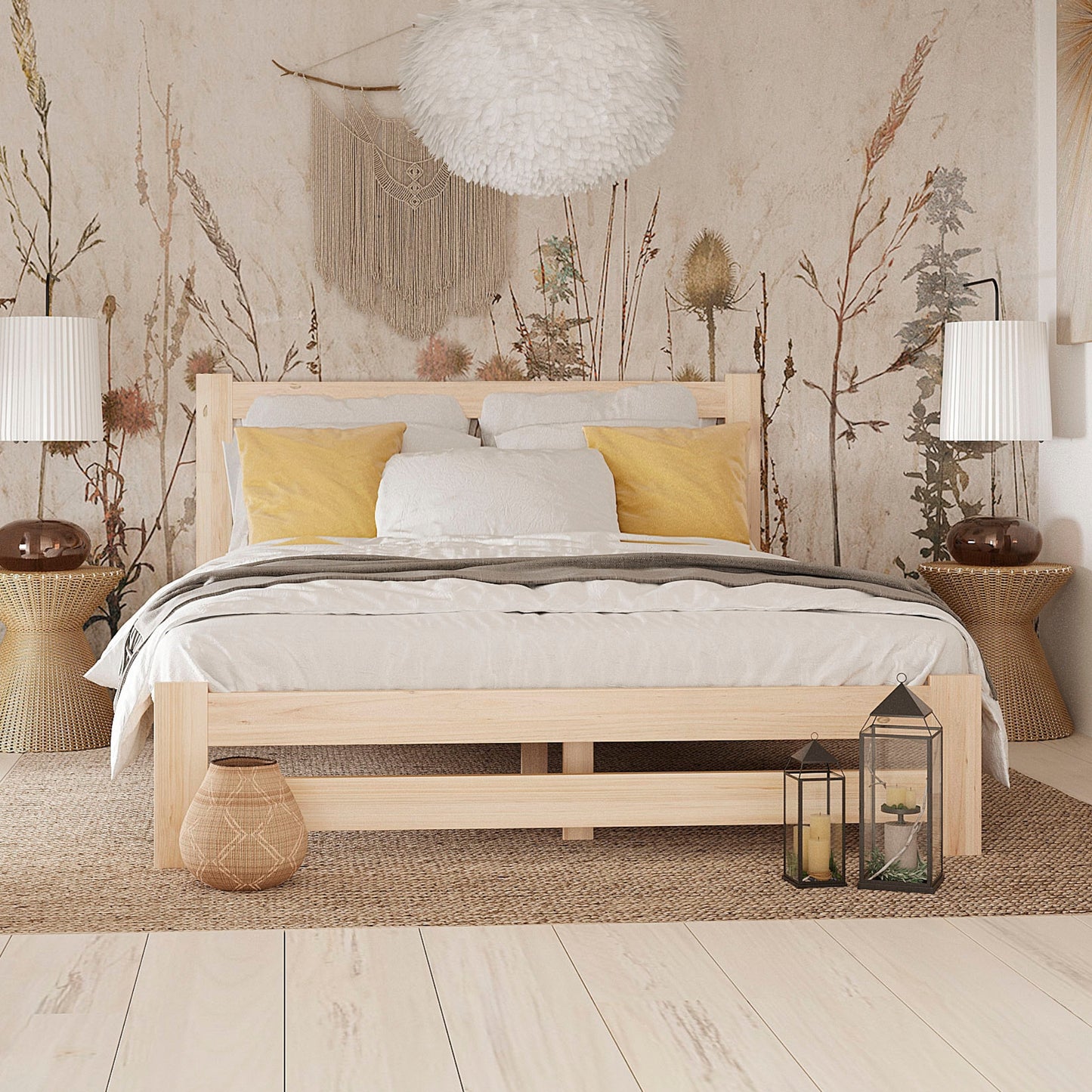 Holzbett mit Lattenrost Modern Bett Bed Kiefer Massiv Bettgestell Einzelbett Massivholzbett Klassisch | Komfortabel & Langlebig | Skandinavisch Boho Landhaus