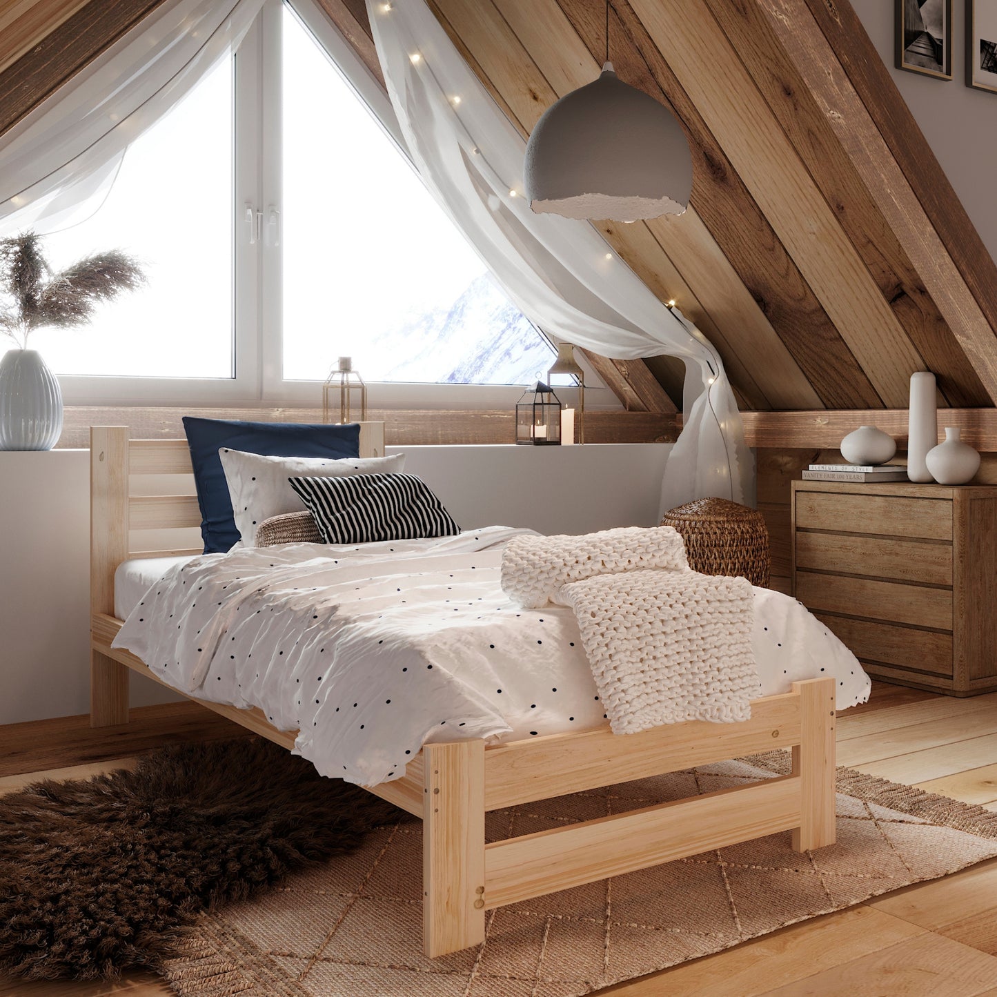 Holzbett mit Lattenrost Modern Bett Bed Kiefer Massiv Bettgestell Einzelbett Massivholzbett Klassisch | Komfortabel & Langlebig | Skandinavisch Boho Landhaus