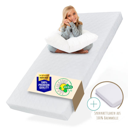 Matelas enfant 60x120 | 70x140 | 80x160 | 80x170 | 80x180 | 90x190 | 90x200 | 120x200 | 140x200 cm avec housse lavable | Matelas de 10 cm d'épaisseur en mousse froide de haute qualité pour lits d'enfants Fabriqué dans l'UE, poids corporel jusqu'à 60 kg