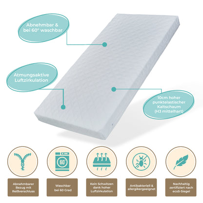 Matelas enfant 60x120 | 70x140 | 80x160 | 80x170 | 80x180 | 90x190 | 90x200 | 120x200 | 140x200 cm avec housse lavable | Matelas de 10 cm d'épaisseur en mousse froide de haute qualité pour lits d'enfants Fabriqué dans l'UE, poids corporel jusqu'à 60 kg