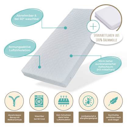 Matelas enfant 60x120 | 70x140 | 80x160 | 80x170 | 80x180 | 90x190 | 90x200 | 120x200 | 140x200 cm avec housse lavable | Matelas de 10 cm d'épaisseur en mousse froide de haute qualité pour lits d'enfants Fabriqué dans l'UE, poids corporel jusqu'à 60 kg