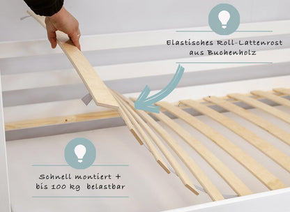 Kinderbett Bodenbett 80x160 | 80x180 | 90x190 | 90x200 | 120x200 | 140x200 cm Bett mit Rausfallschutz & Lattenrost Montessori Bett Bed Gitterbett Kinder Jugendbett Einzelbett optional mit Matratze | Kiefer Holz massiv Junge Mädchen
