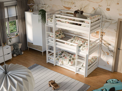 Lit mezzanine 90x200 lit superposé triple pour adultes et enfants avec trois matelas (en option), lit superposé pour trois personnes avec 3x sommiers à lattes, protection antichute, bois massif blanc